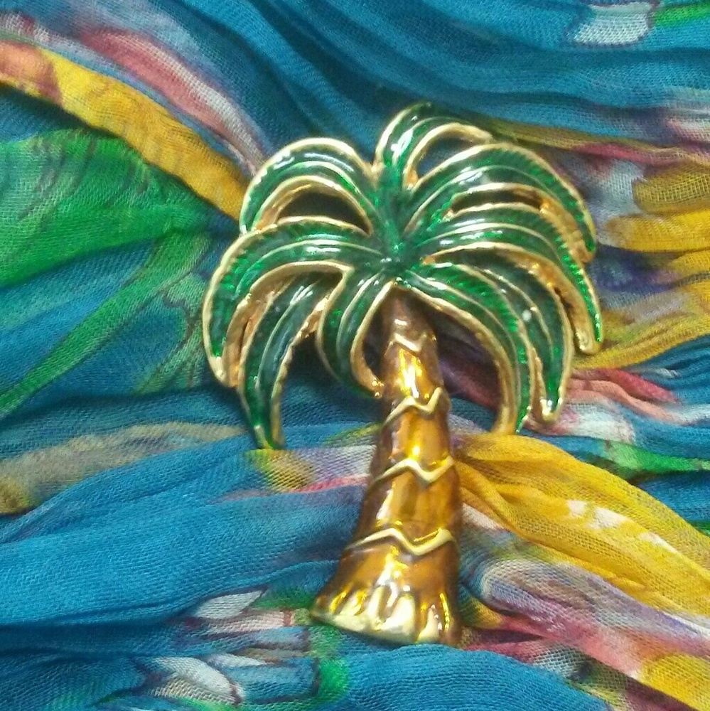 Palm Tree Brooch Pin Green n Gold